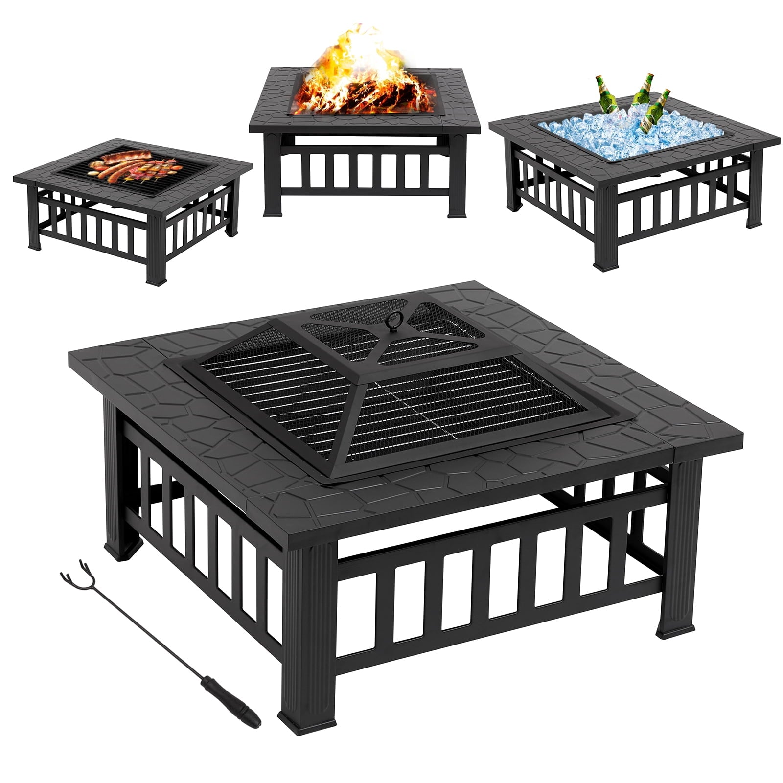 32in Outdoor Fire Pit Metal Square Fire pit Patio Garden Stove with Cover