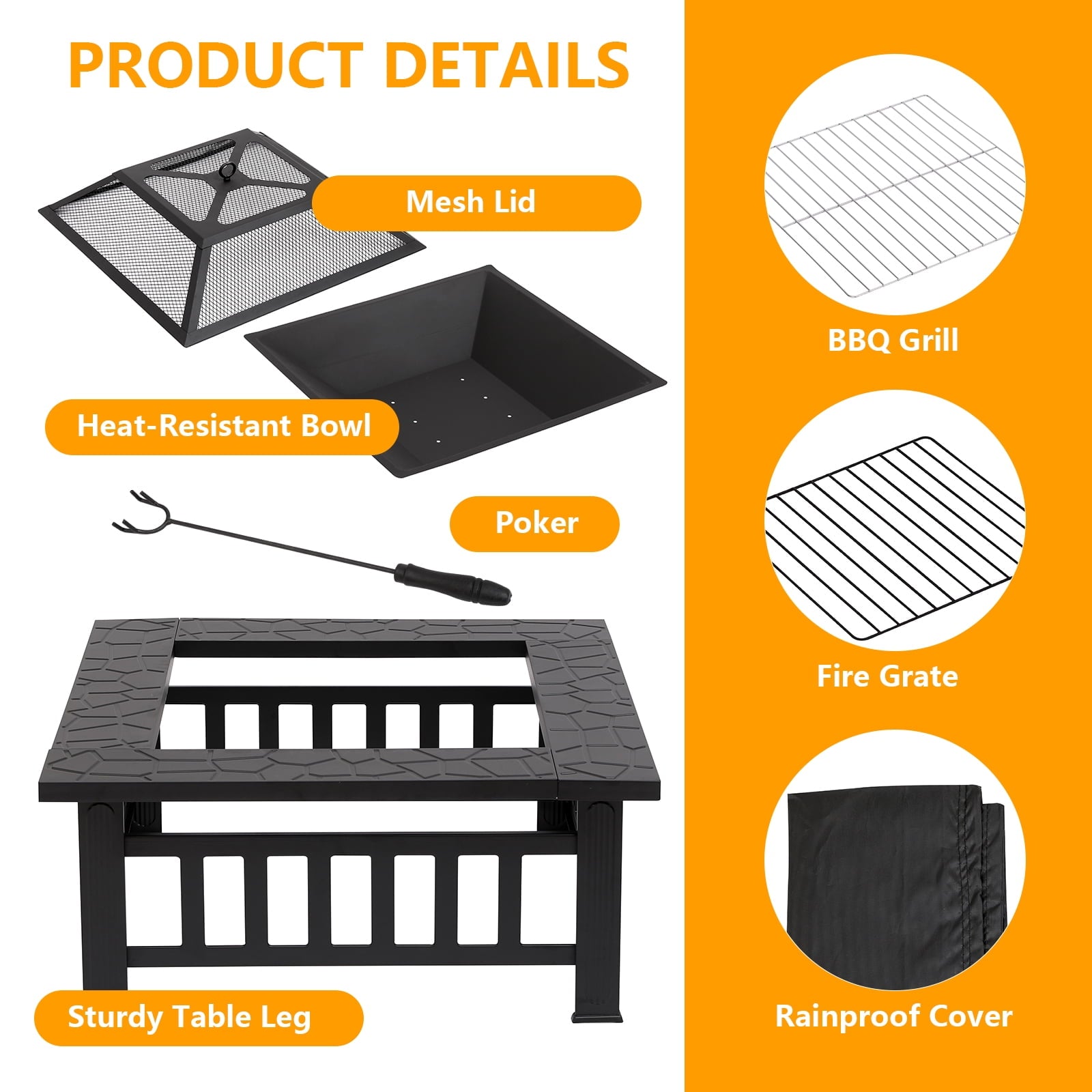 32in Outdoor Fire Pit Metal Square Fire pit Patio Garden Stove with Cover