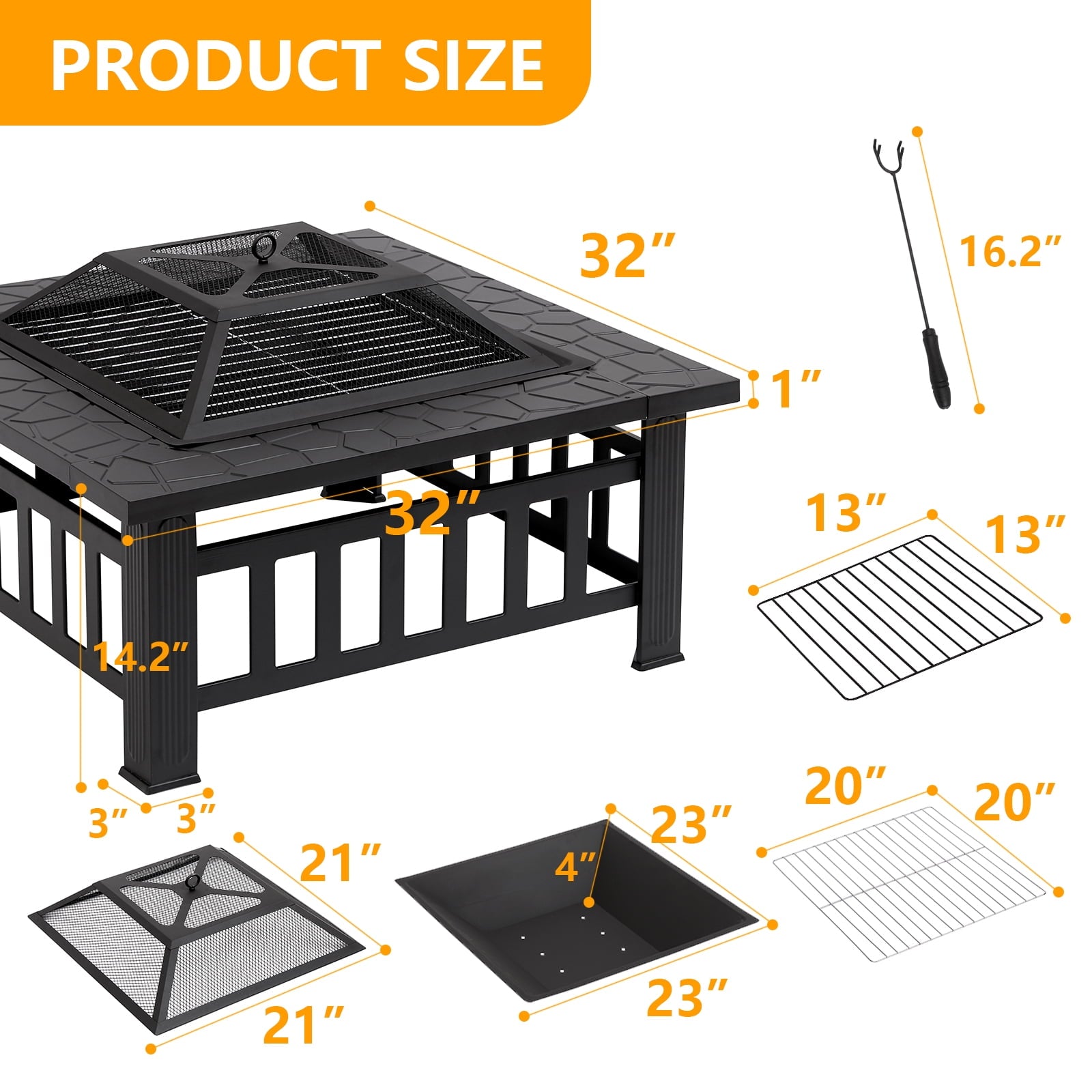 32in Outdoor Fire Pit Metal Square Fire pit Patio Garden Stove with Cover