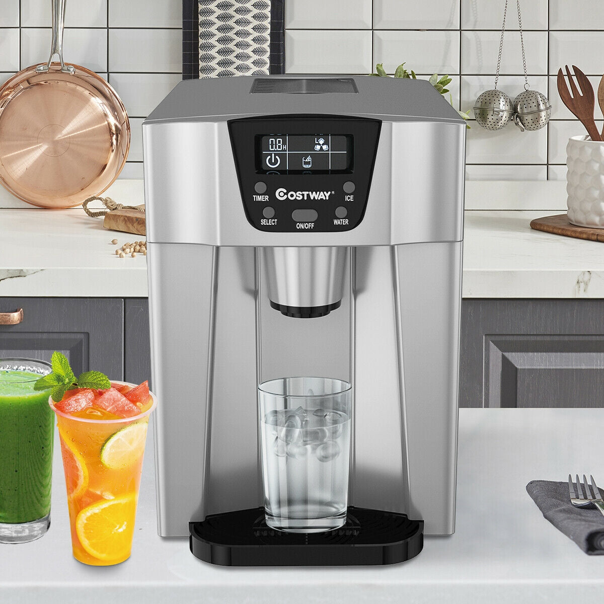 2-In-1 Ice Maker Water Dispenser 36lbs/24H LCD Display-Silver