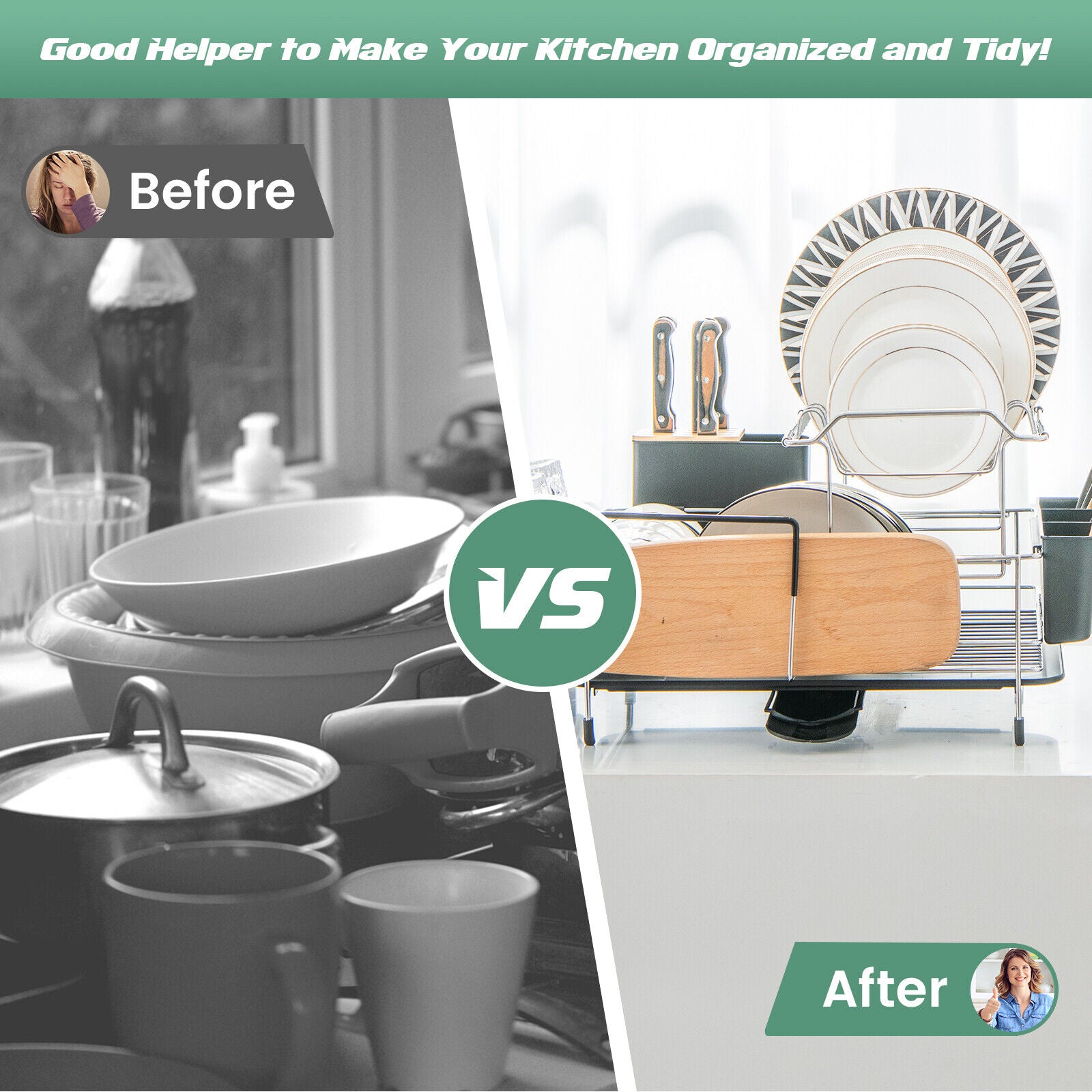 2-Tier Detachable Dish Rack with Drainboard and 360¡ã Swivel Spout