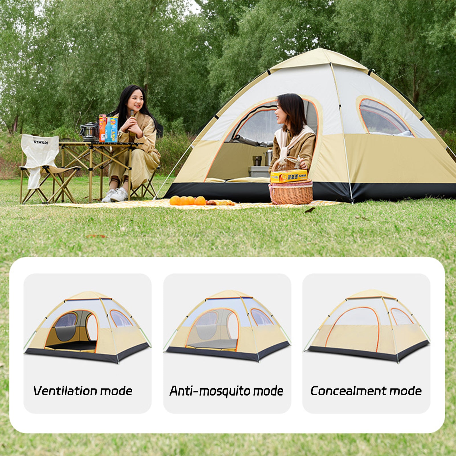 4-Person Dome Tent Automatic Camping Tent with Carring Bag - Yellow