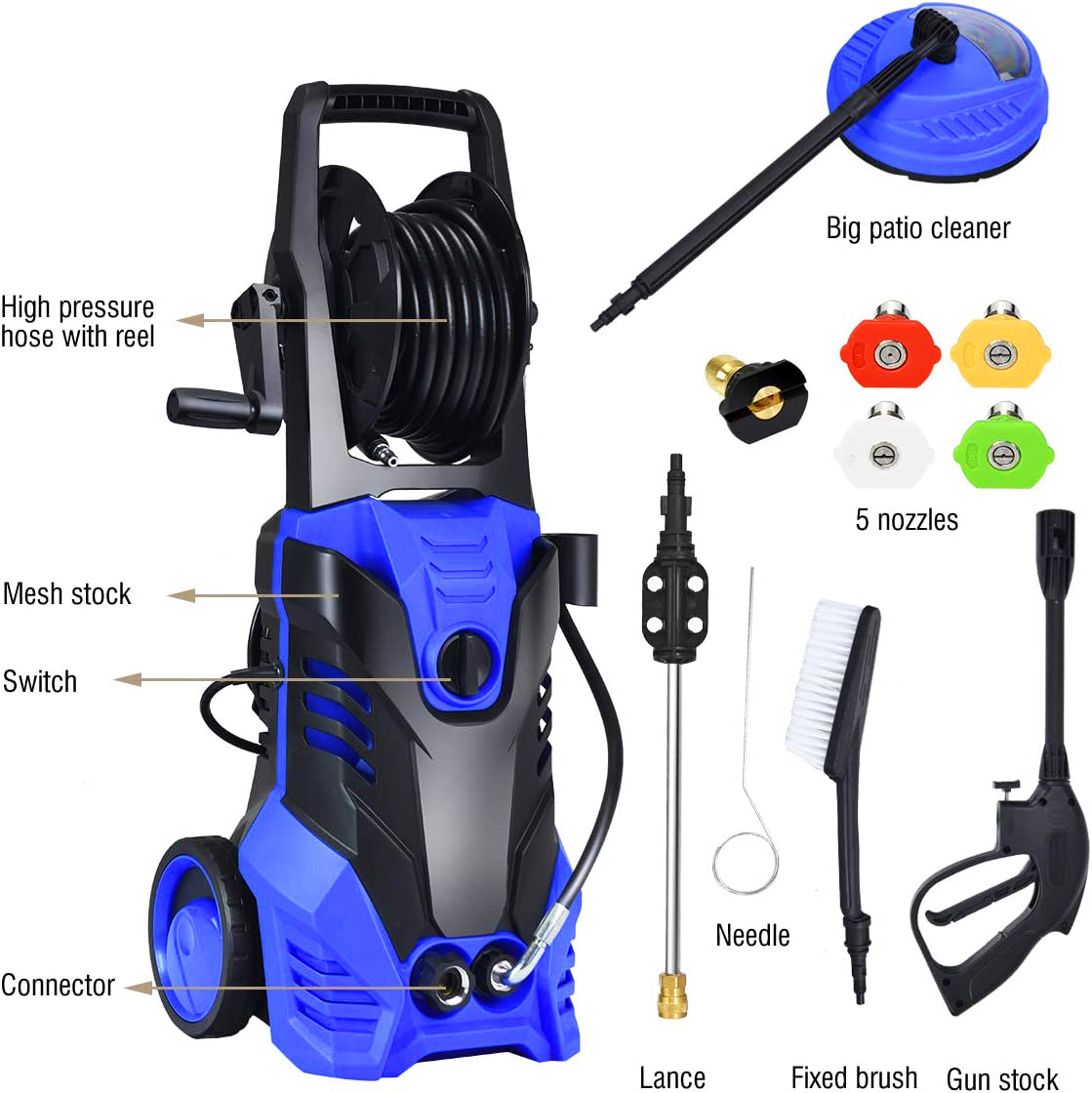 2200W 2.0 GPM Electric Pressure Washer with 5 Nozzles