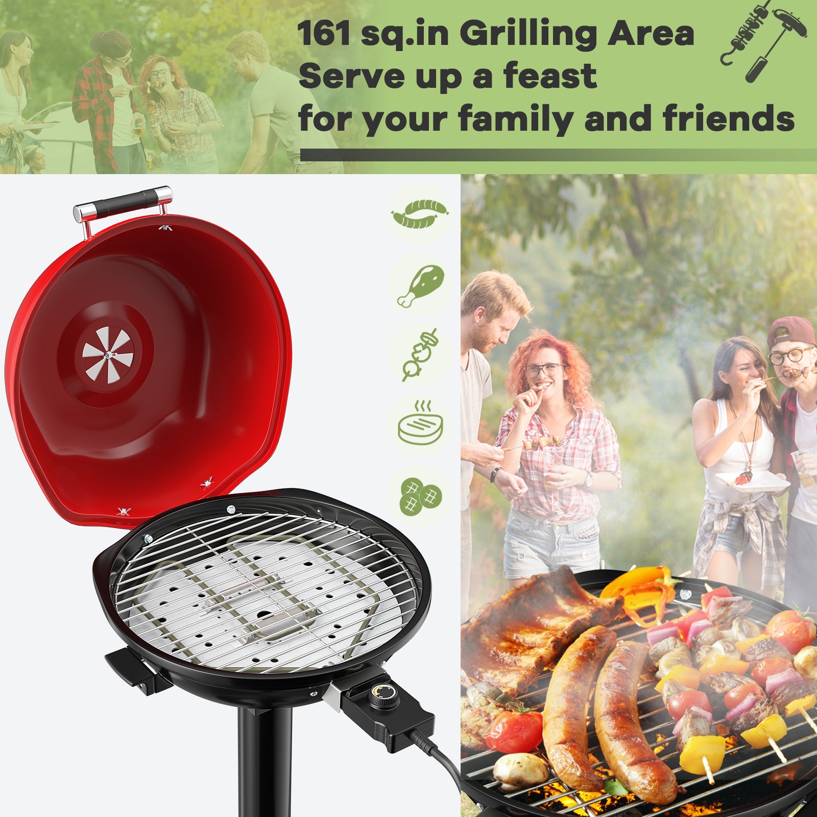 1600W Portable Electric BBQ Grill with Removable Non-Stick Rack