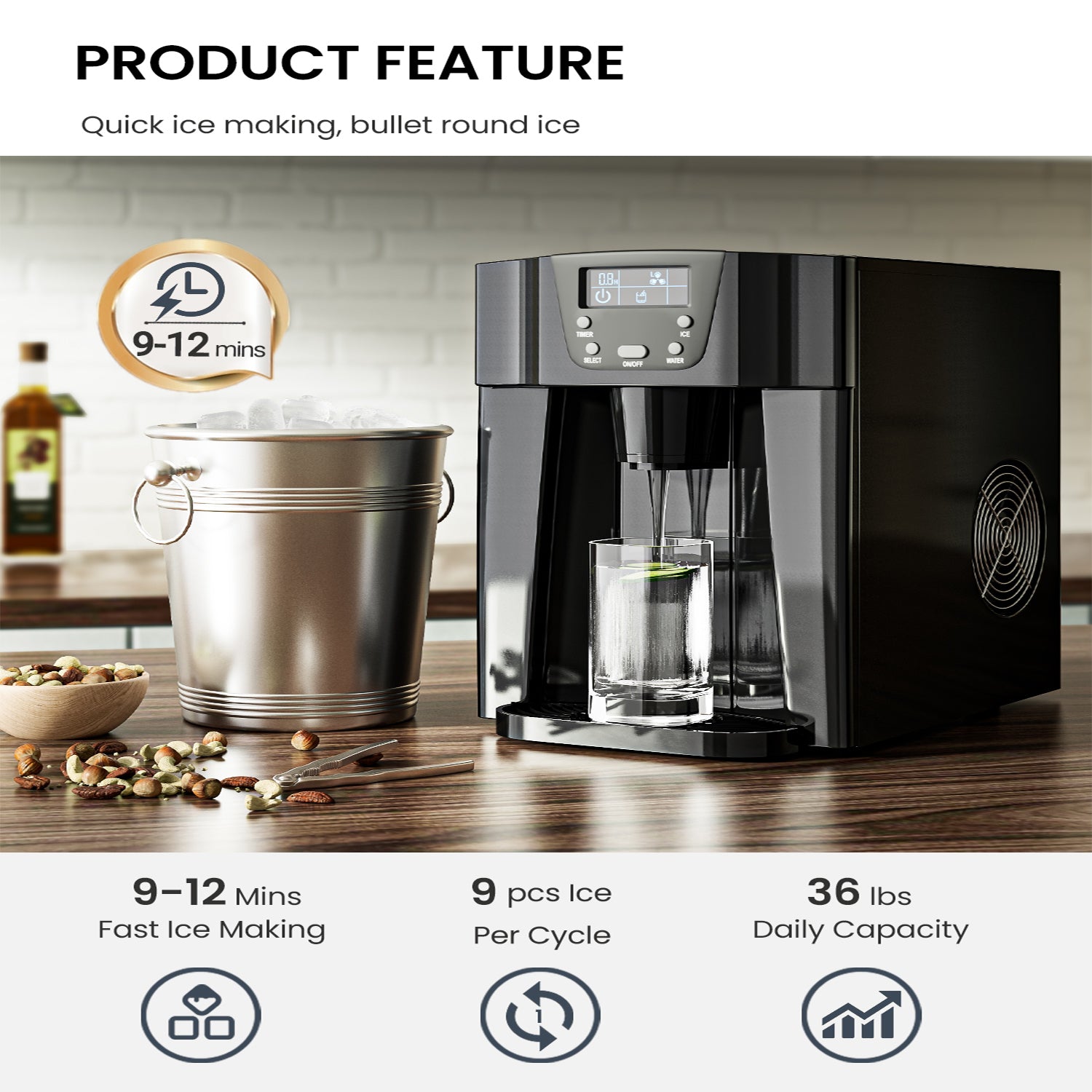 2-in-1 ice maker water dispenser 36lbs 24h lcd display