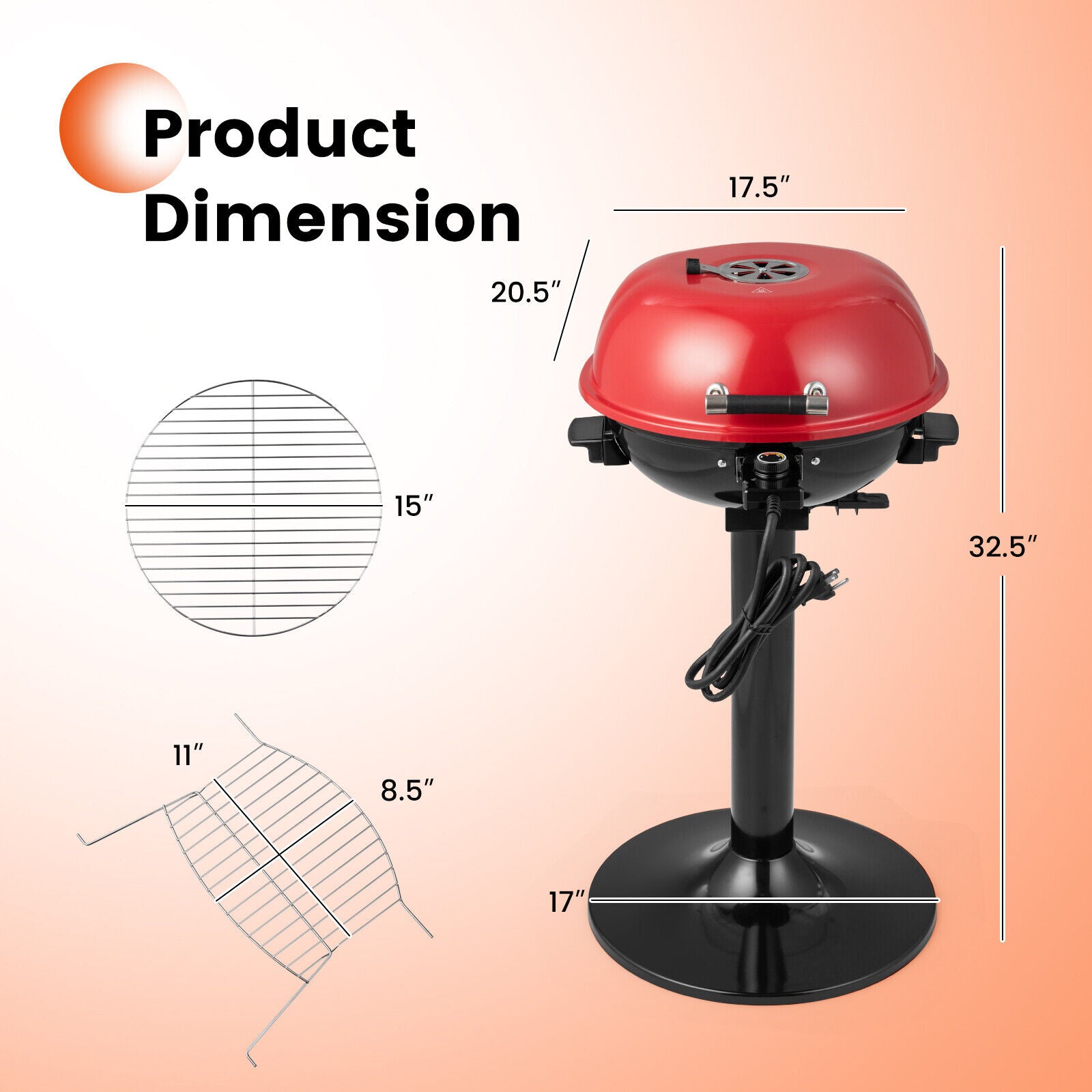 1600W Electric BBQ Grill with Removable Non-Stick Warming Rack, Red