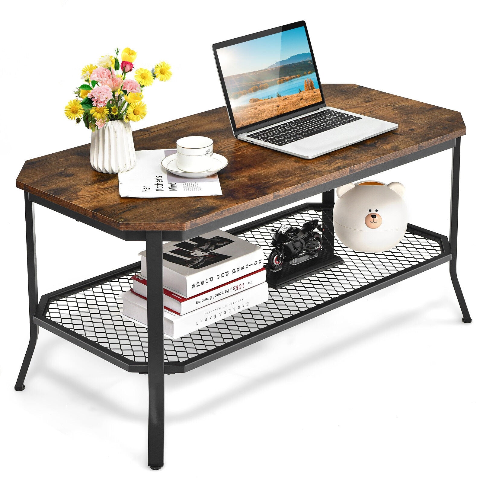 2-Tier Industrial Coffee Table with Open Mesh Storage Shelf for Living & Office Room