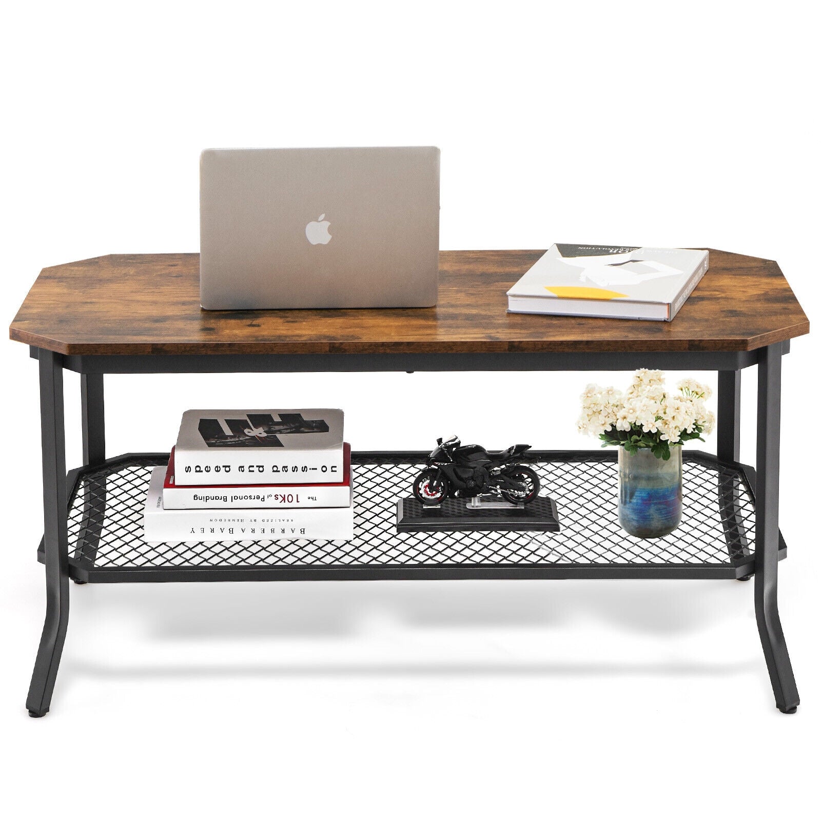2-Tier Industrial Coffee Table with Open Mesh Storage Shelf for Living & Office Room