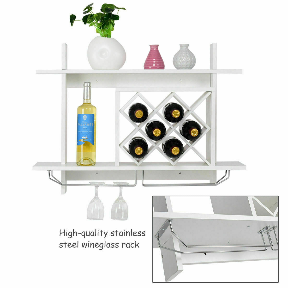 Wall Mount Wine Rack Organizer with Glass Holder Storage Shelf