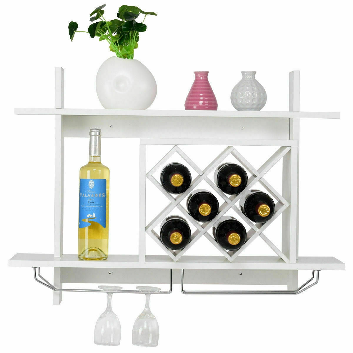 Wall Mount Wine Rack Organizer with Glass Holder Storage Shelf