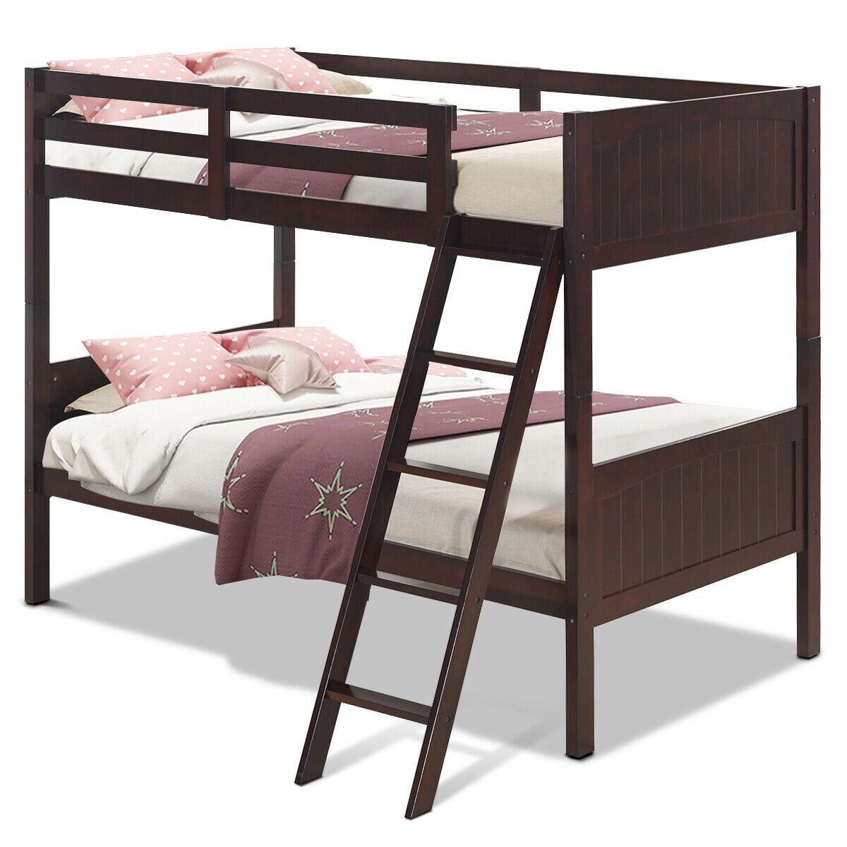 Wooden Twin Over Twin Bunk Beds with Ladder and Safety Rail, Brown