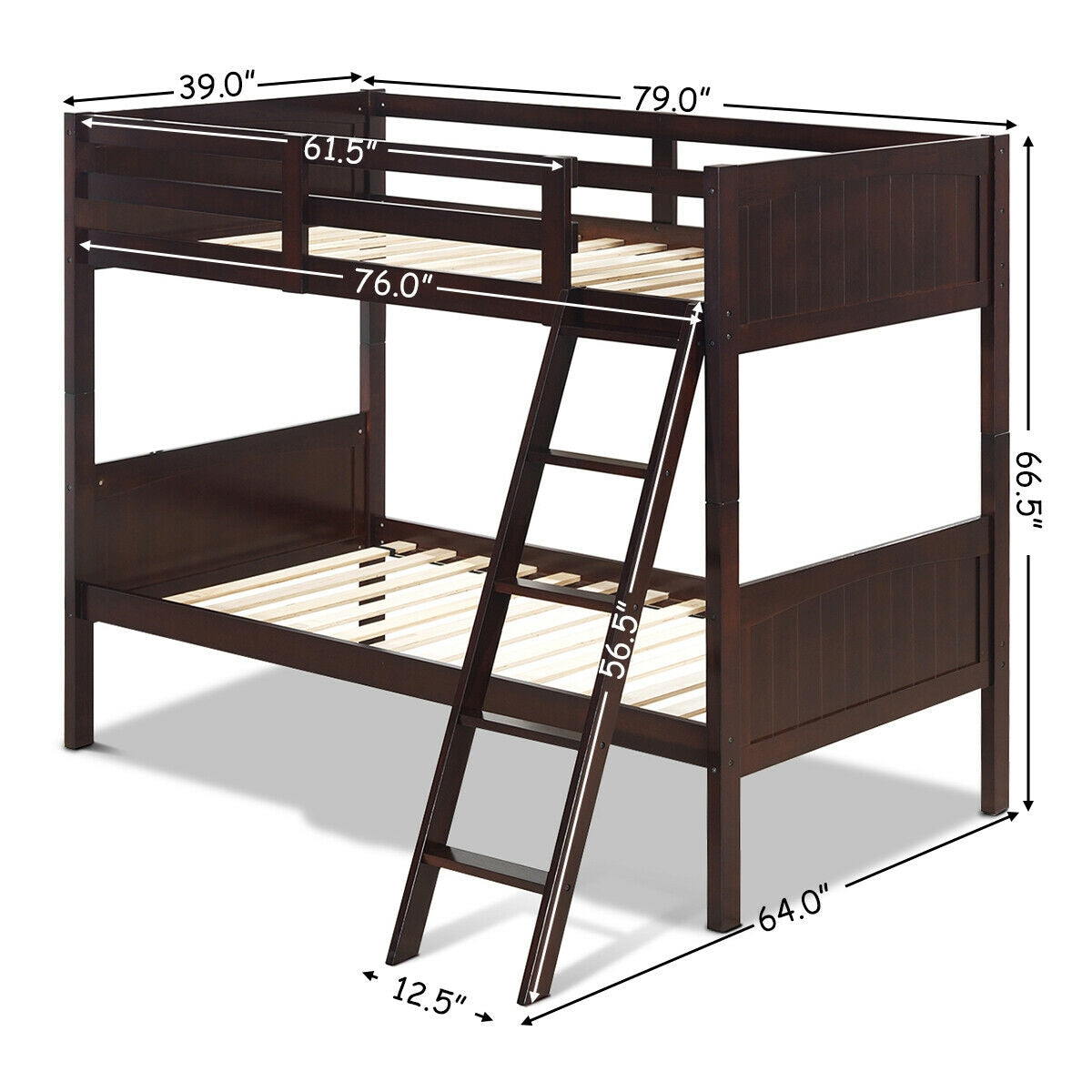 Wooden Twin Over Twin Bunk Beds with Ladder and Safety Rail, Brown