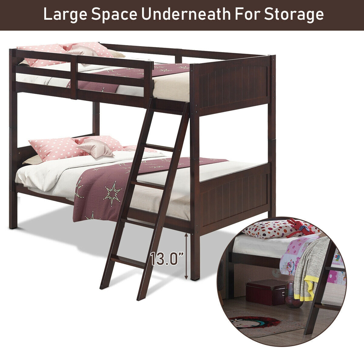 Wooden Twin Over Twin Bunk Beds with Ladder and Safety Rail, Brown