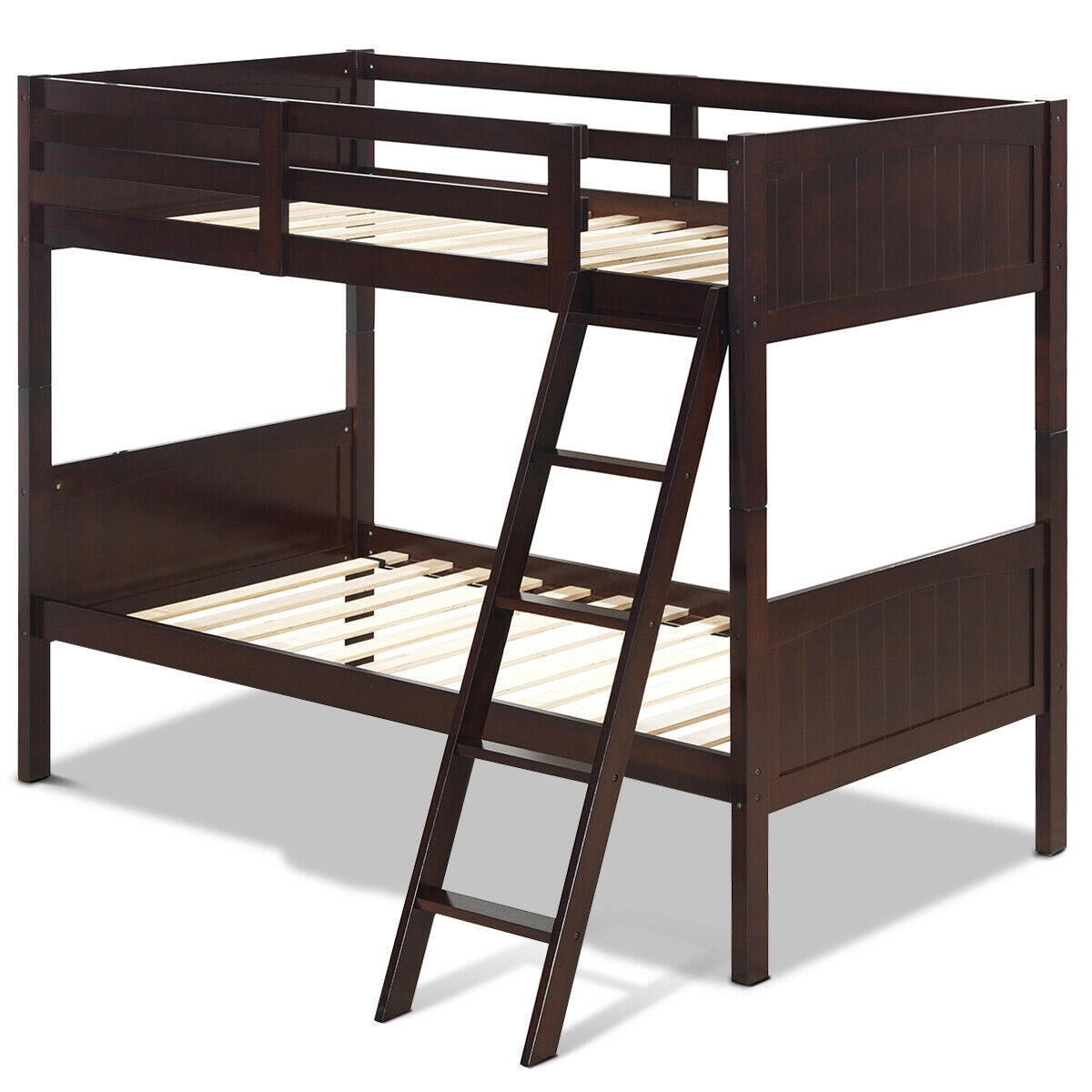 Wooden Twin Over Twin Bunk Beds with Ladder and Safety Rail, Brown