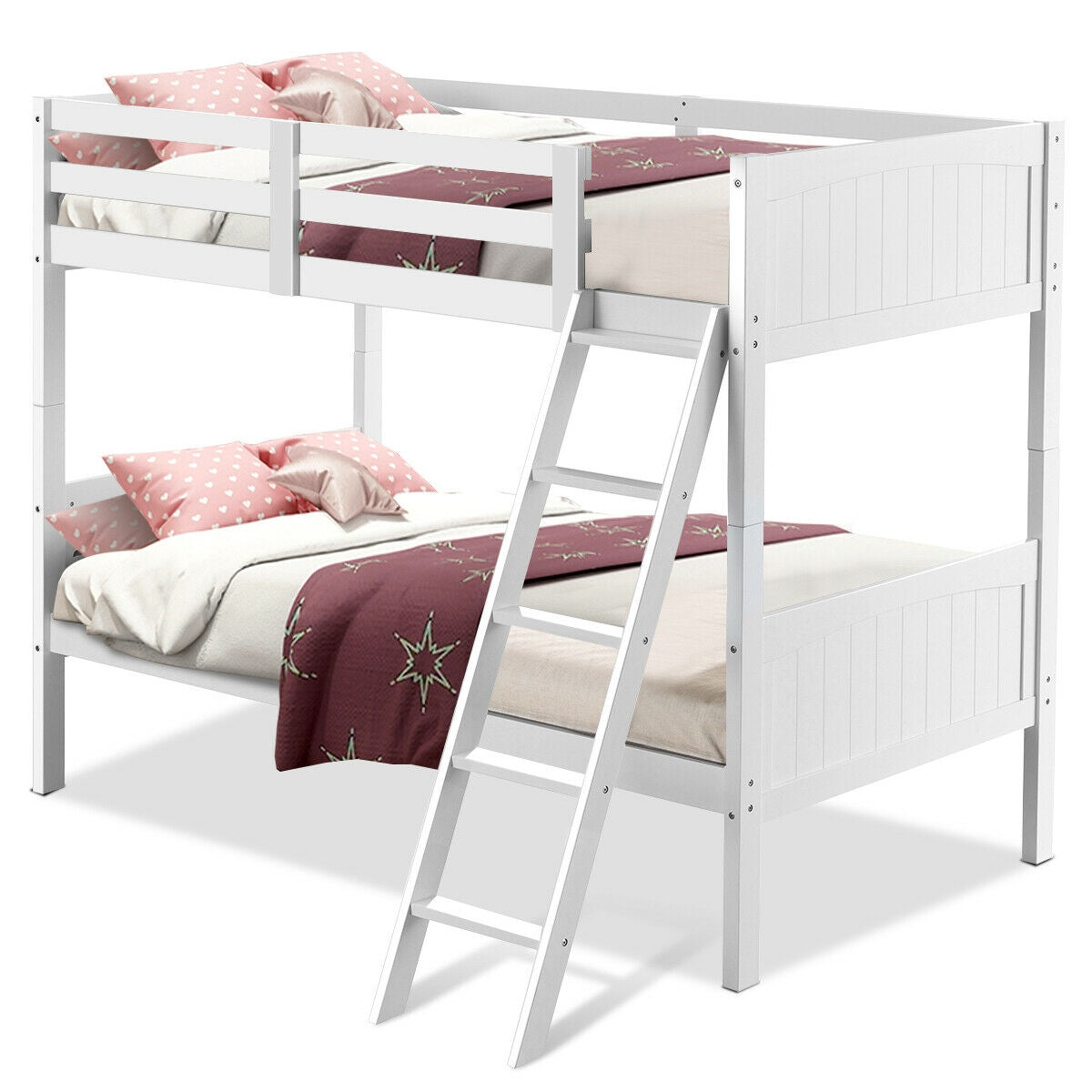 Wooden Twin Over Twin Bunk Beds with Ladder and Safety Rail