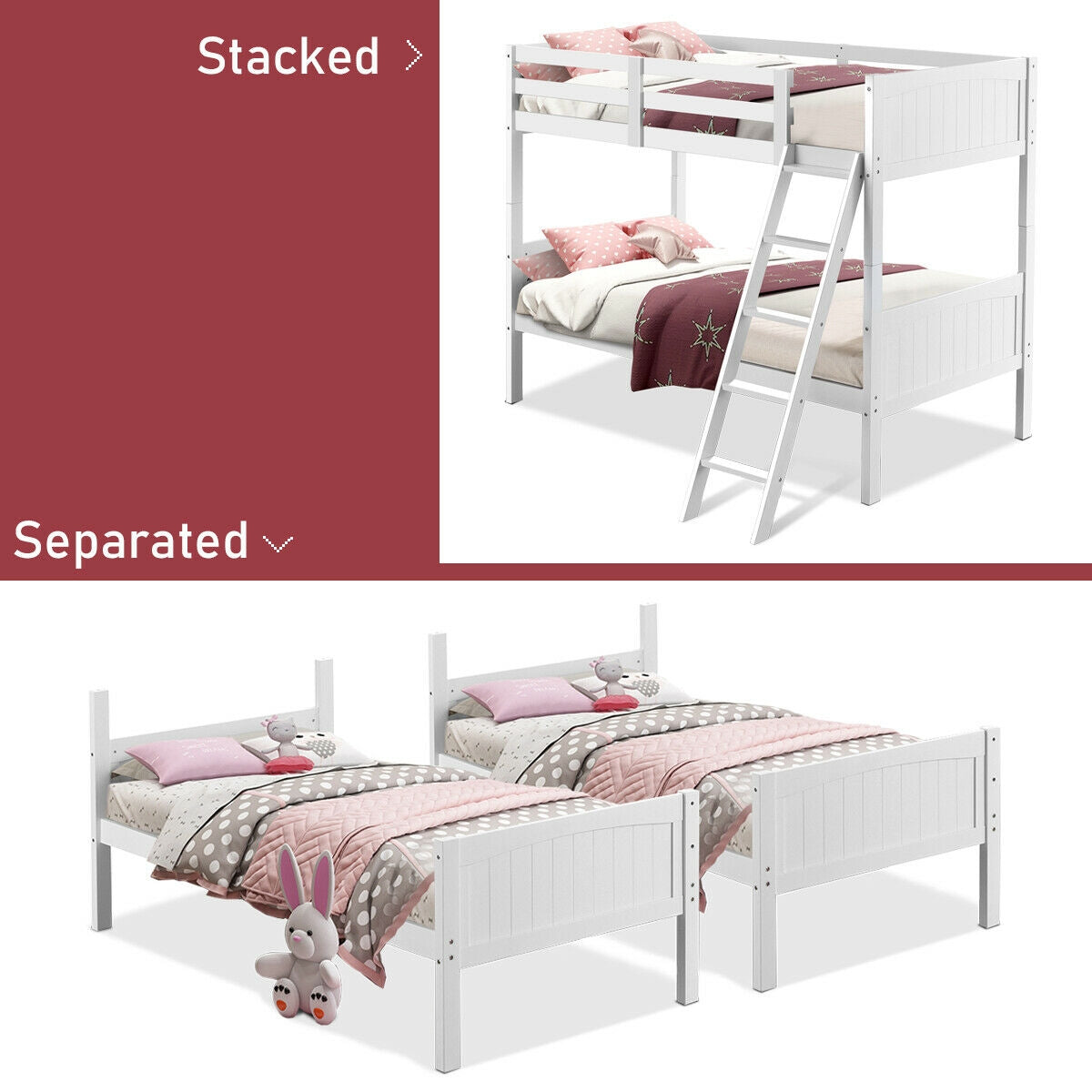 Wooden Twin Over Twin Bunk Beds with Ladder and Safety Rail