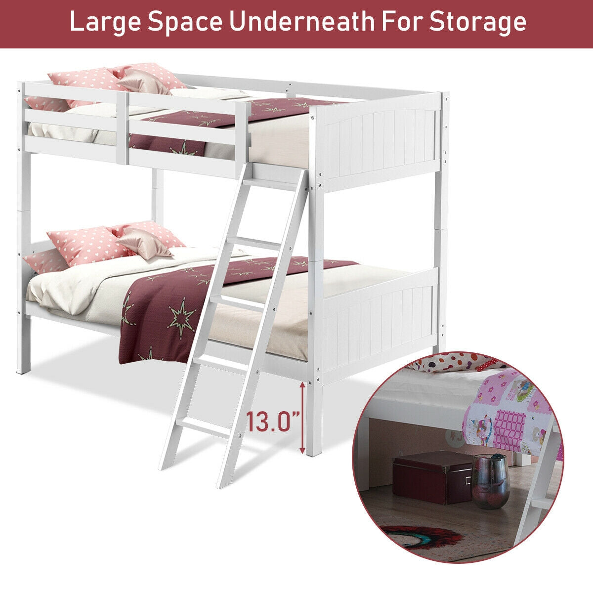 Wooden Twin Over Twin Bunk Beds with Ladder and Safety Rail