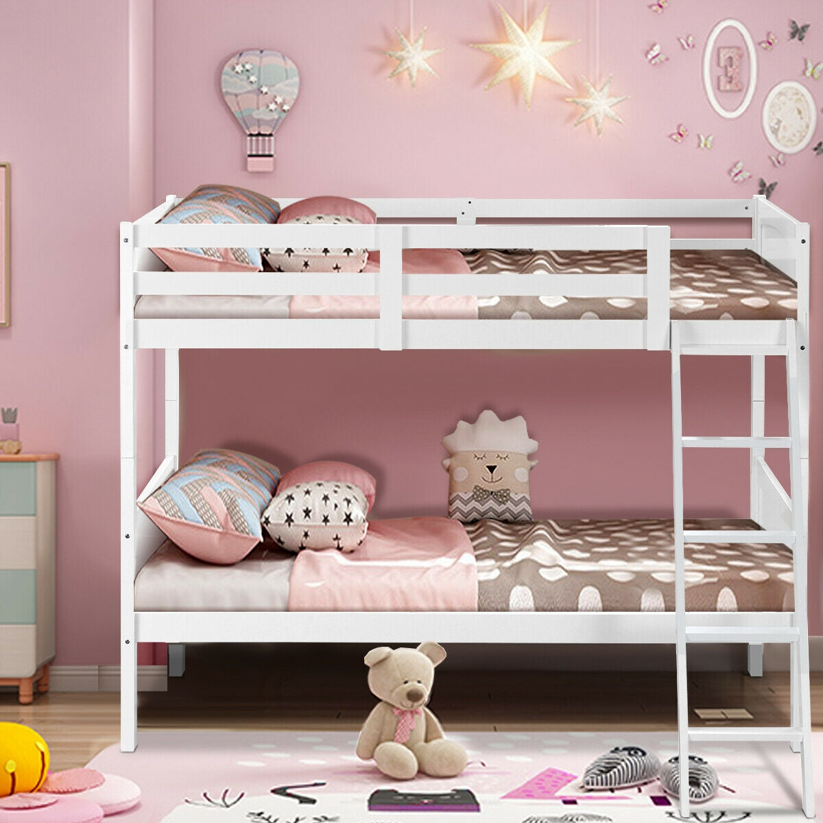 Wooden Twin Over Twin Bunk Beds with Ladder and Safety Rail