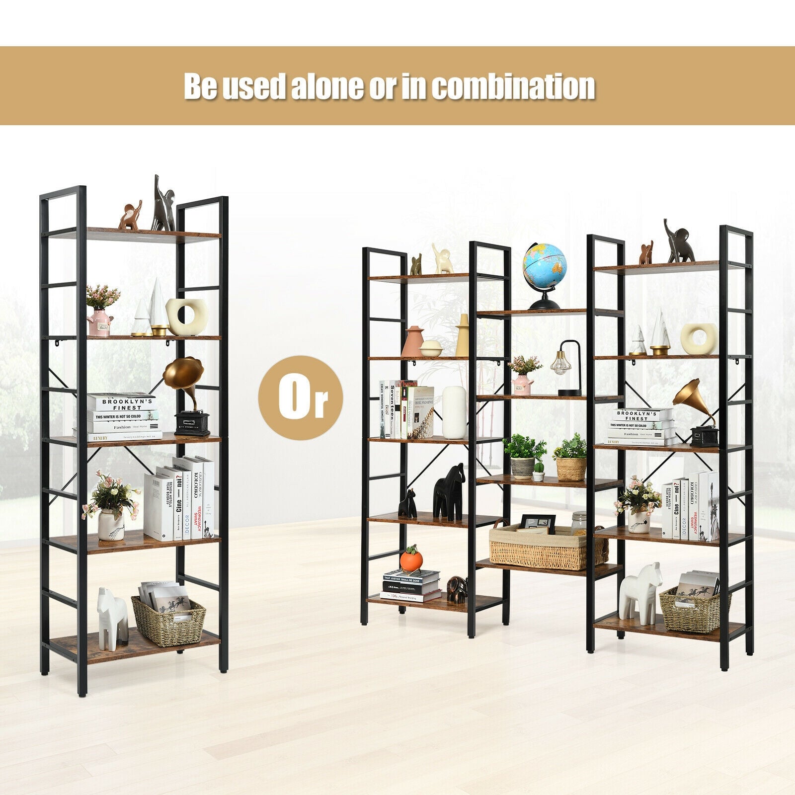 Vintage Industrial Style Triple Wide 5-Tier Bookcase with Metal Frame