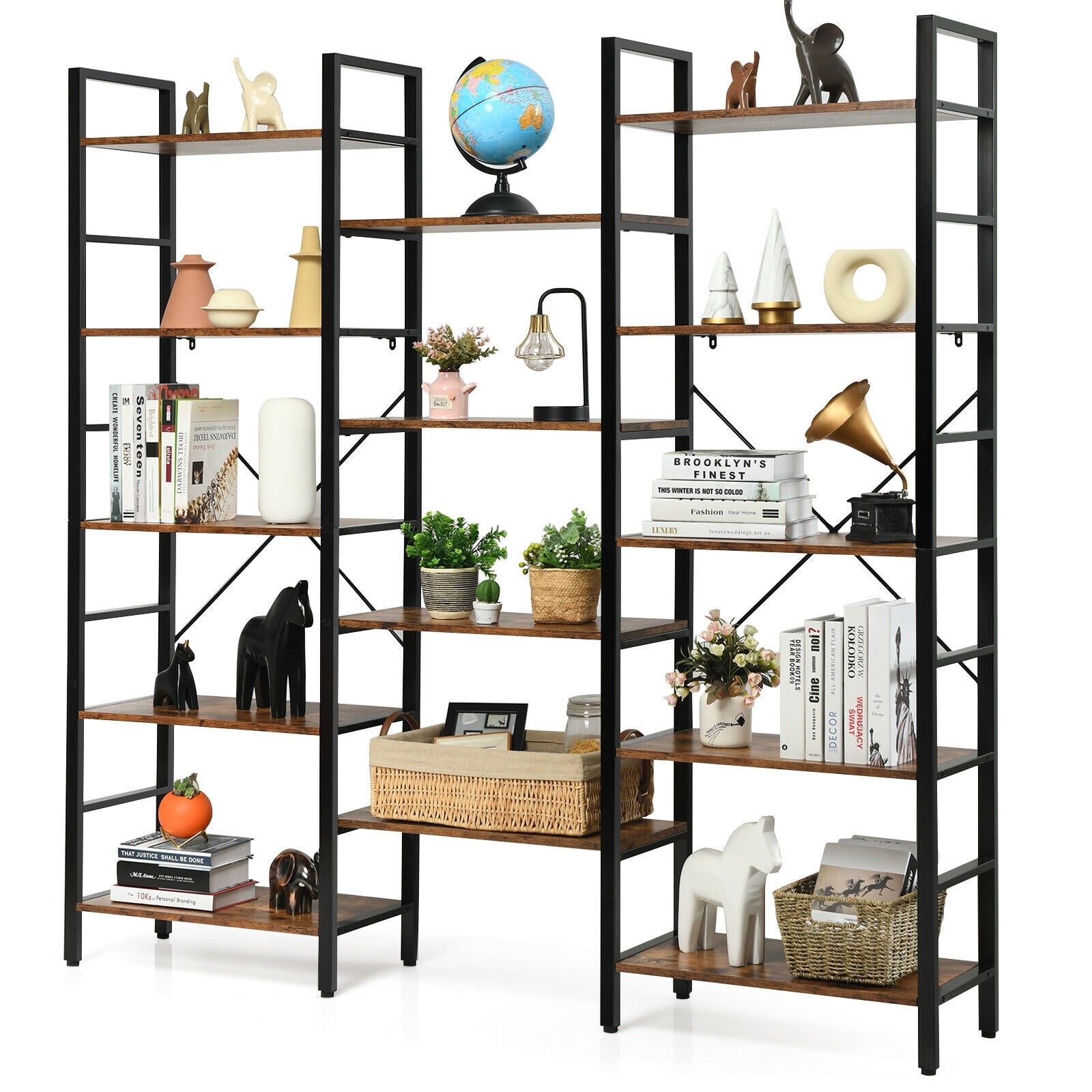 Vintage Industrial Style Triple Wide 5-Tier Bookcase with Metal Frame