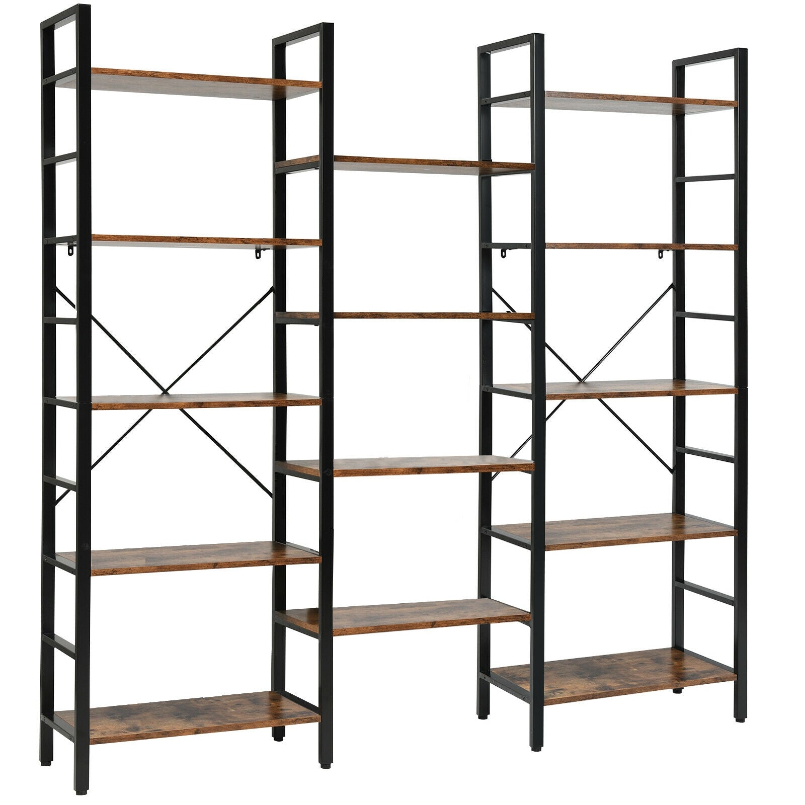 Vintage Industrial Style Triple Wide 5-Tier Bookcase with Metal Frame