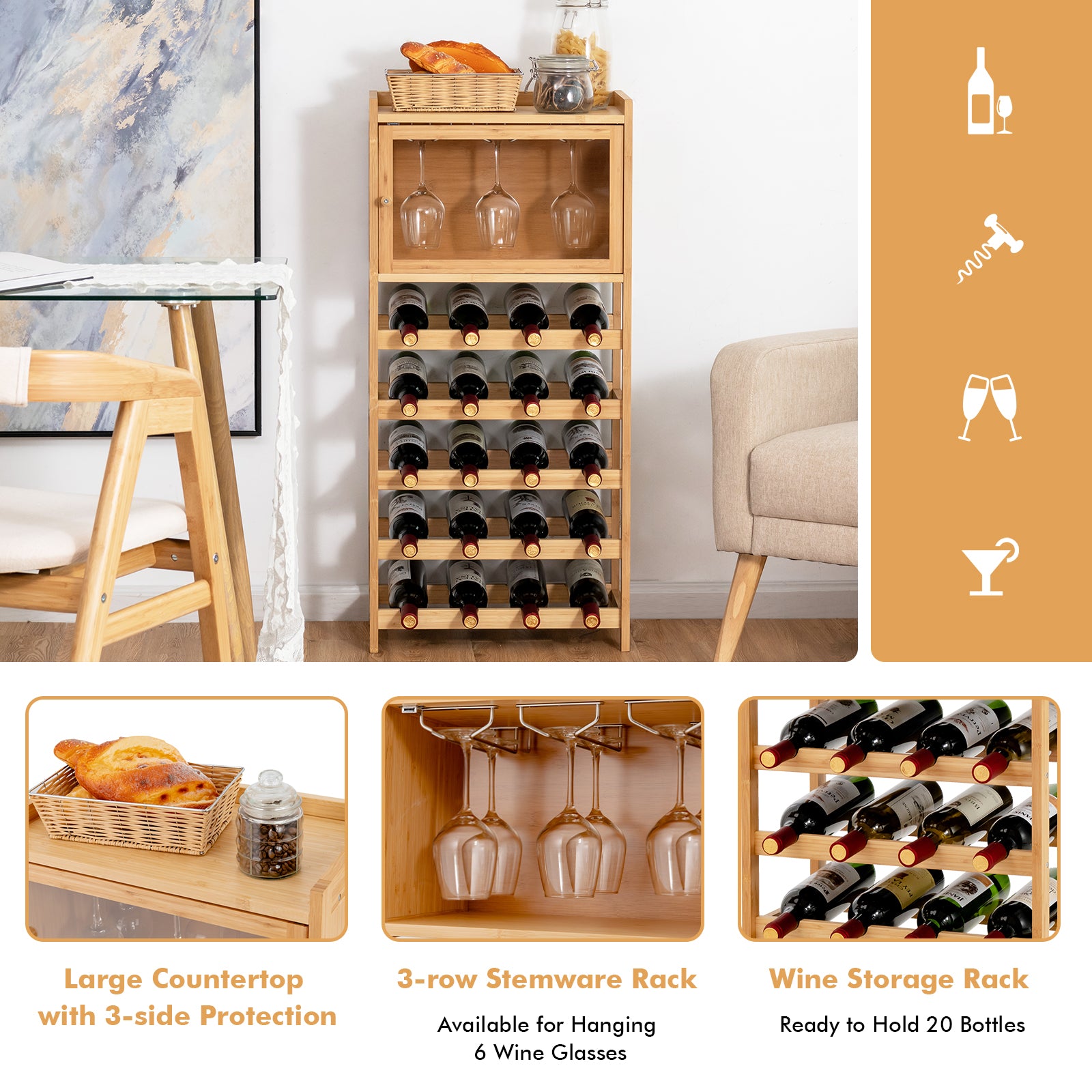 20-Bottle Freestanding Bamboo Wine Rack with Glass Hanger