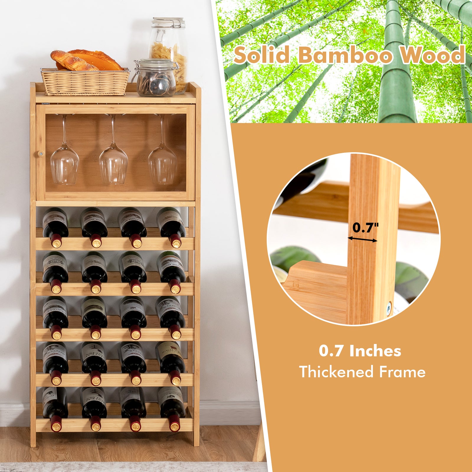 20-Bottle Freestanding Bamboo Wine Rack with Glass Hanger