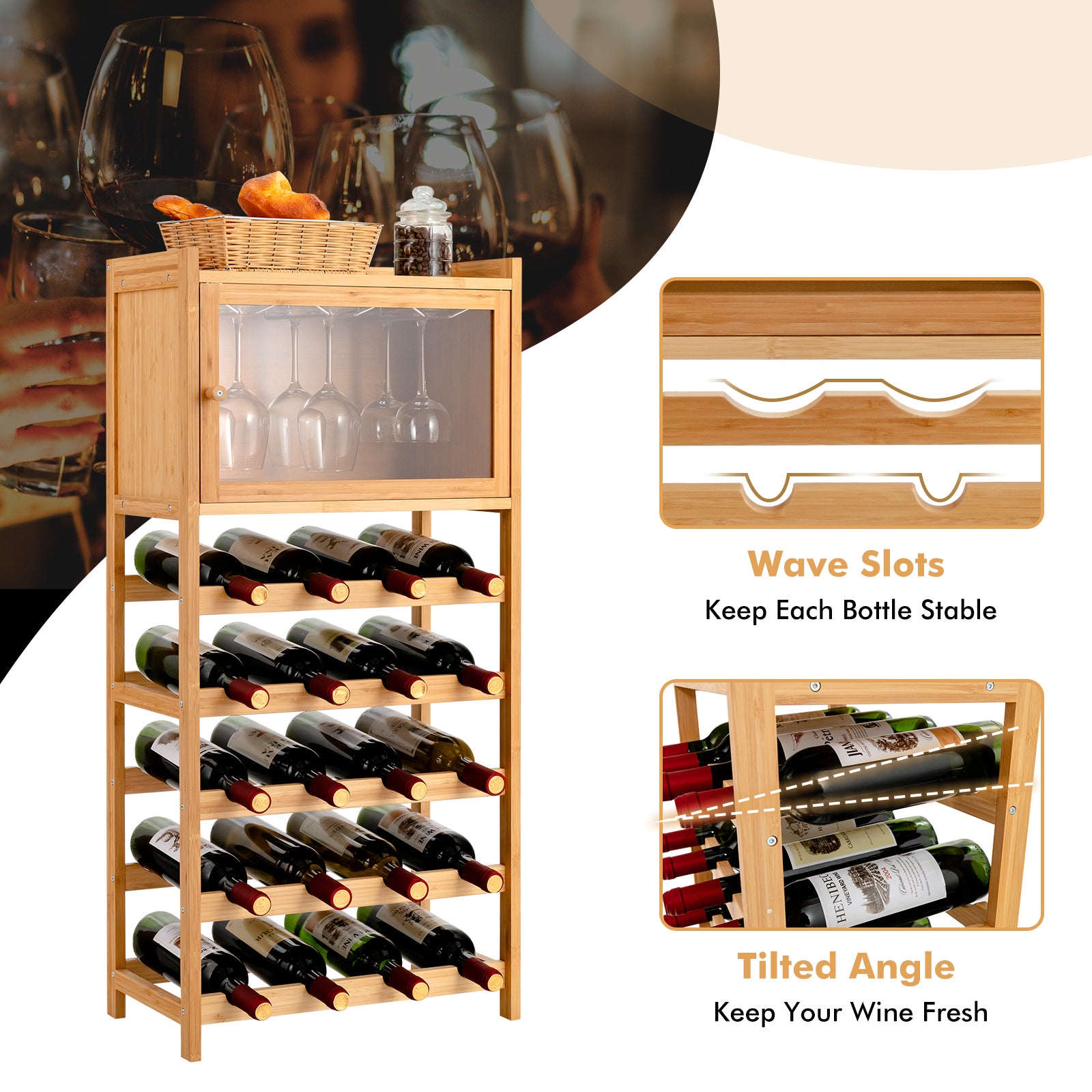 20-Bottle Freestanding Bamboo Wine Rack with Glass Hanger
