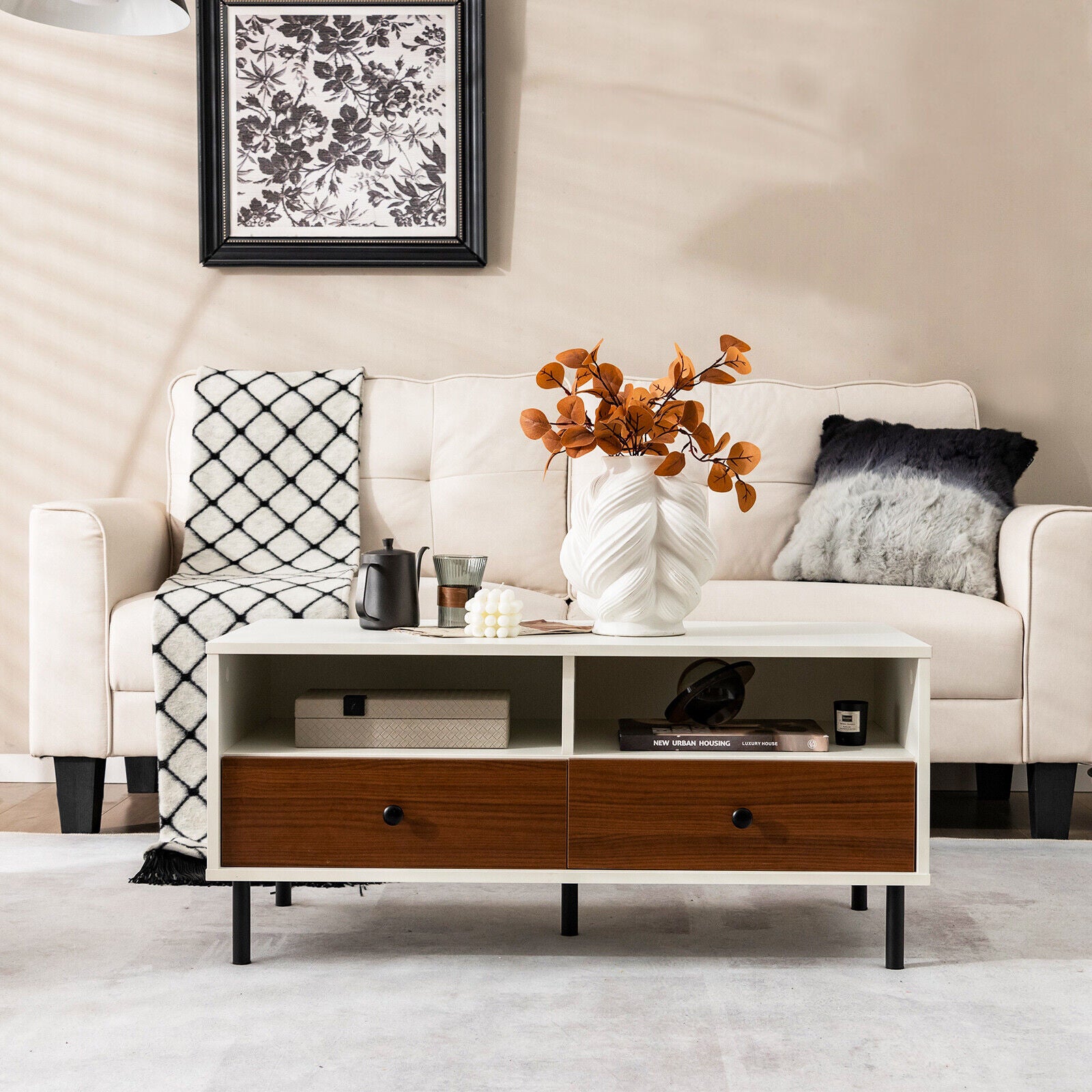 2 Tier 40 Inch Length Modern Rectangle Coffee Table with Storage Shelf and Drawers