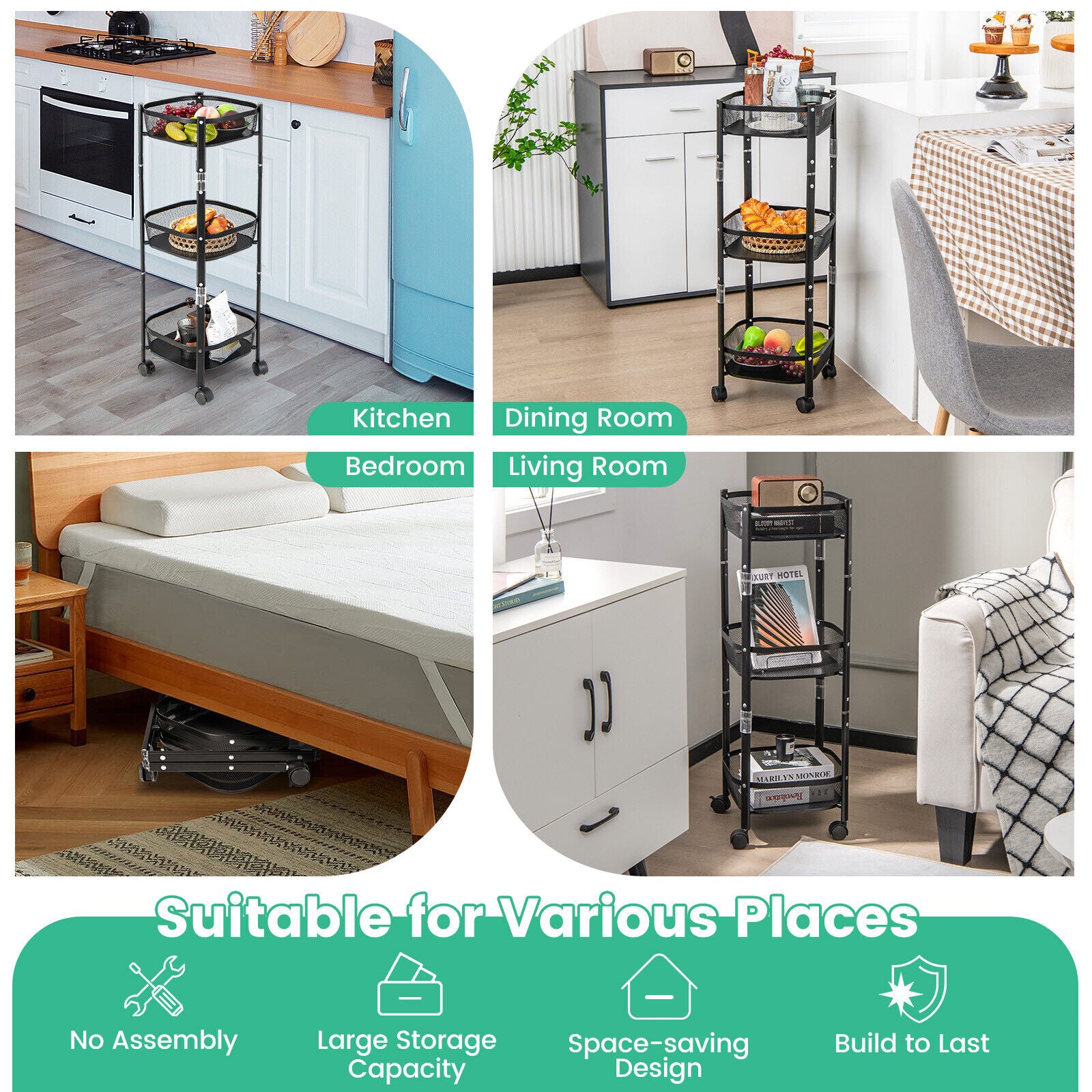 Square 3-Tier Rotating 1-Second folding Storage Rack Metal