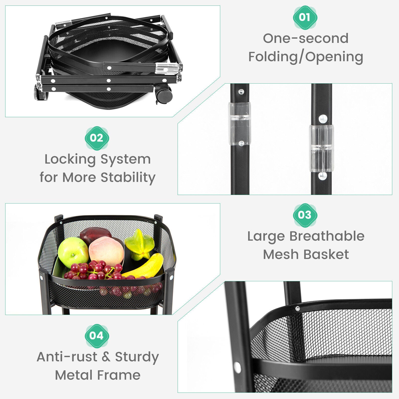 Square 3-Tier Rotating 1-Second folding Storage Rack Metal