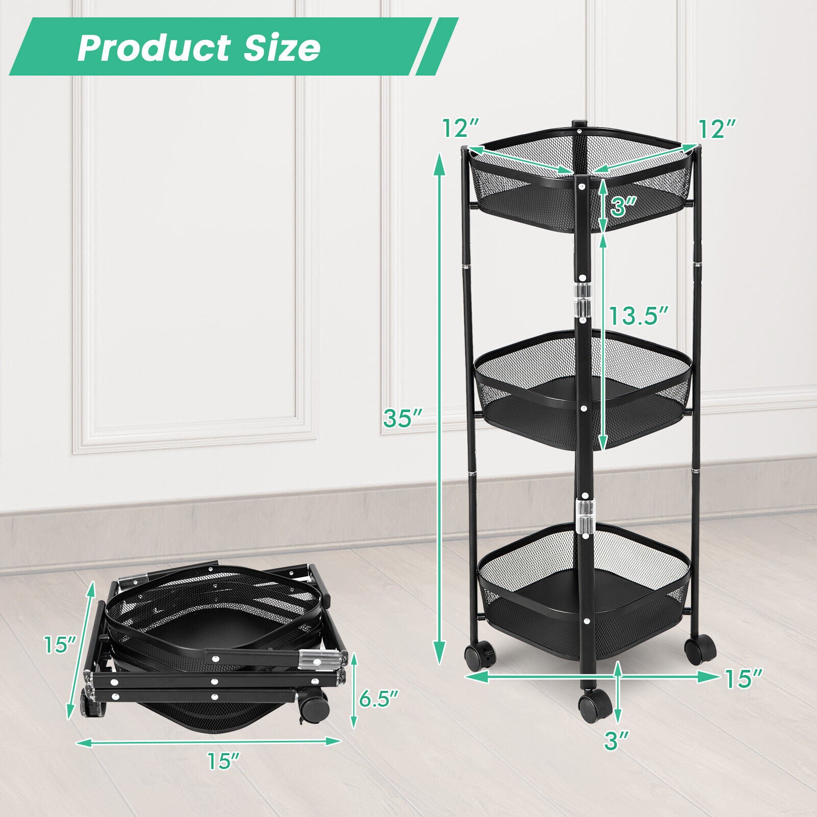 Square 3-Tier Rotating 1-Second folding Storage Rack Metal