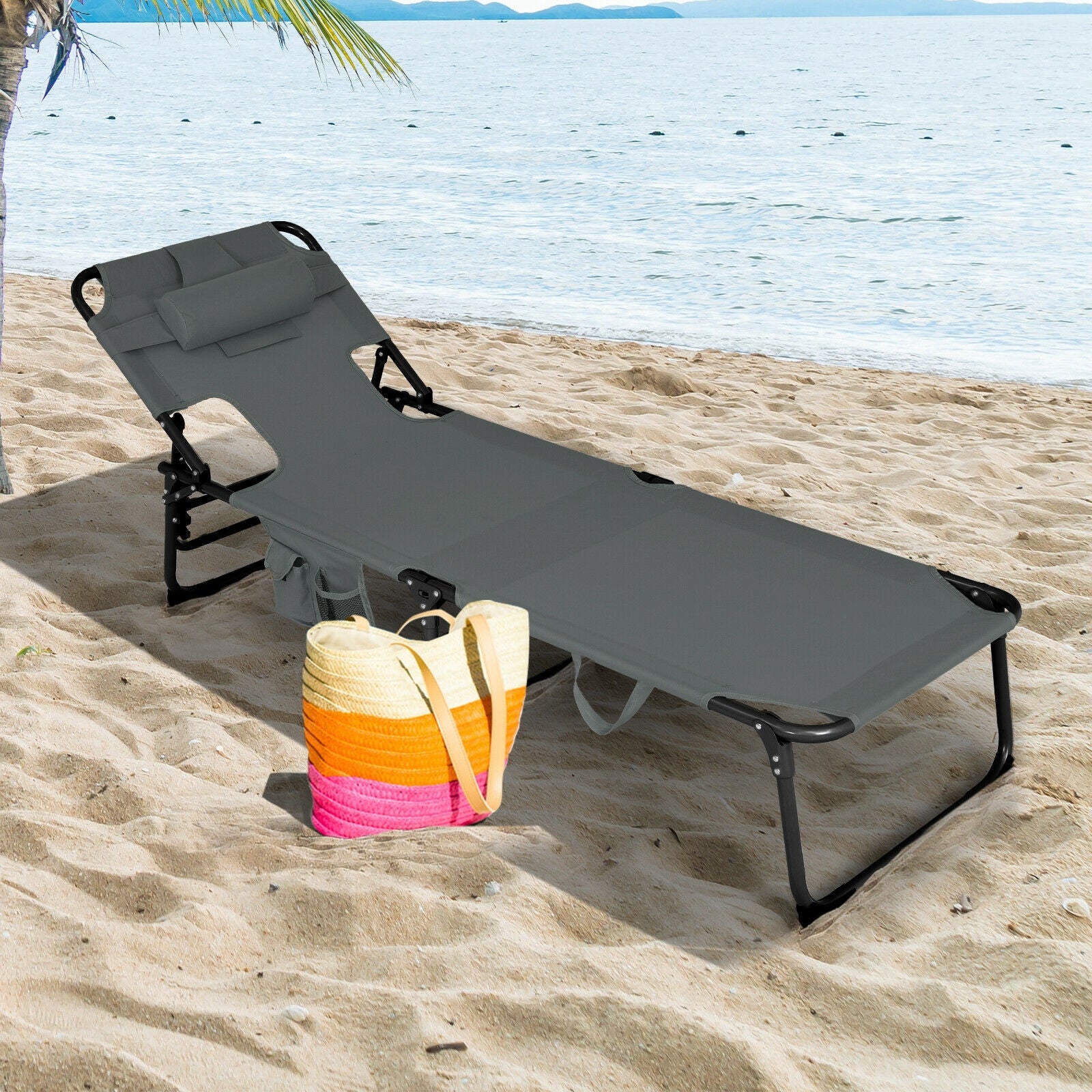 Folding Beach Grey Lounge Chair with Pillow for Outdoor