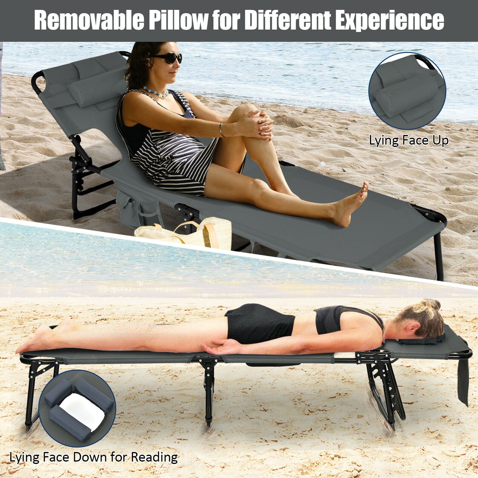 Folding Beach Grey Lounge Chair with Pillow for Outdoor