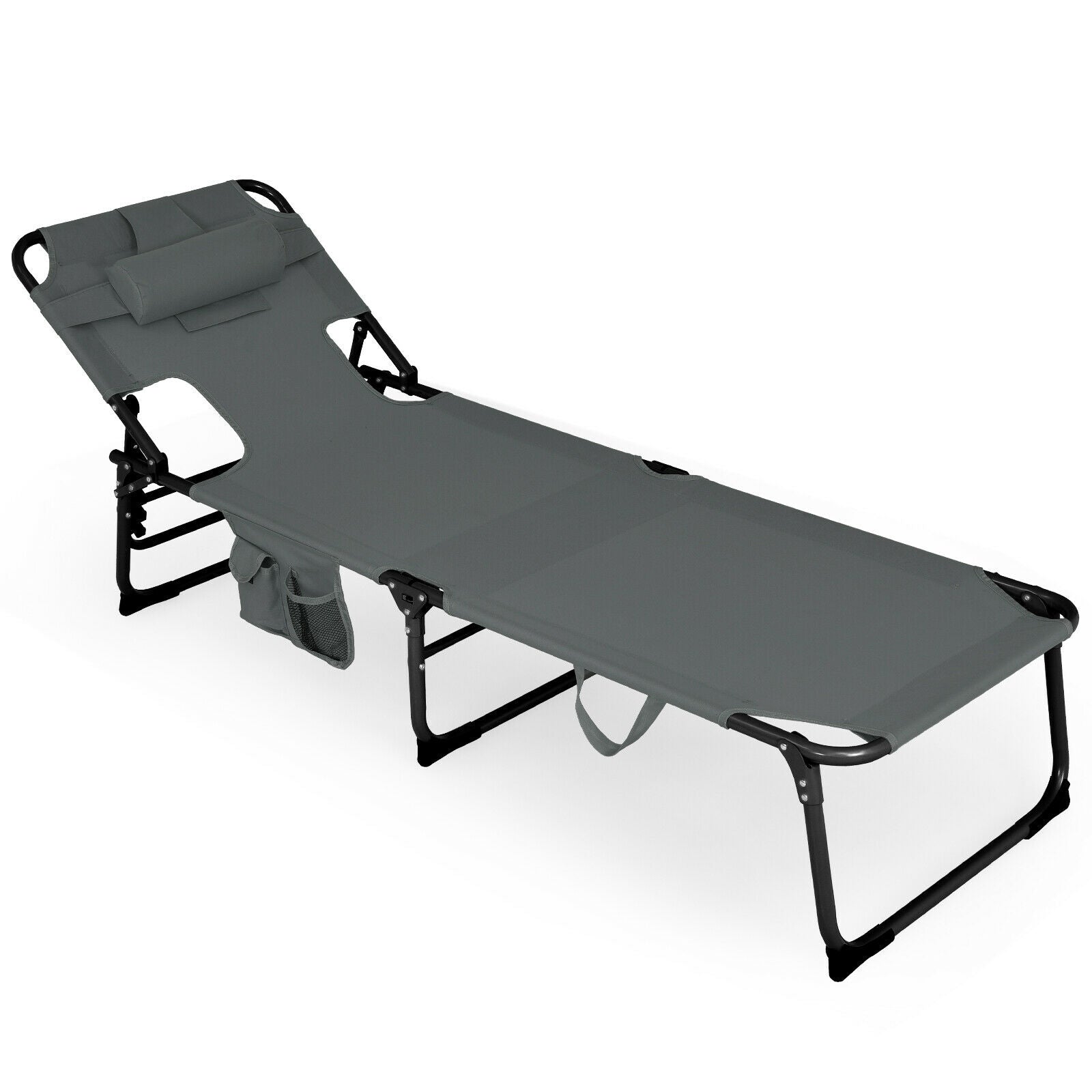 Folding Beach Grey Lounge Chair with Pillow for Outdoor