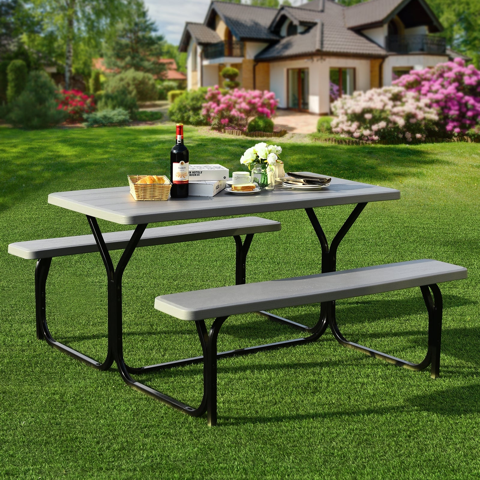 Outdoor Picnic Table Bench Set with Metal Base-Grey