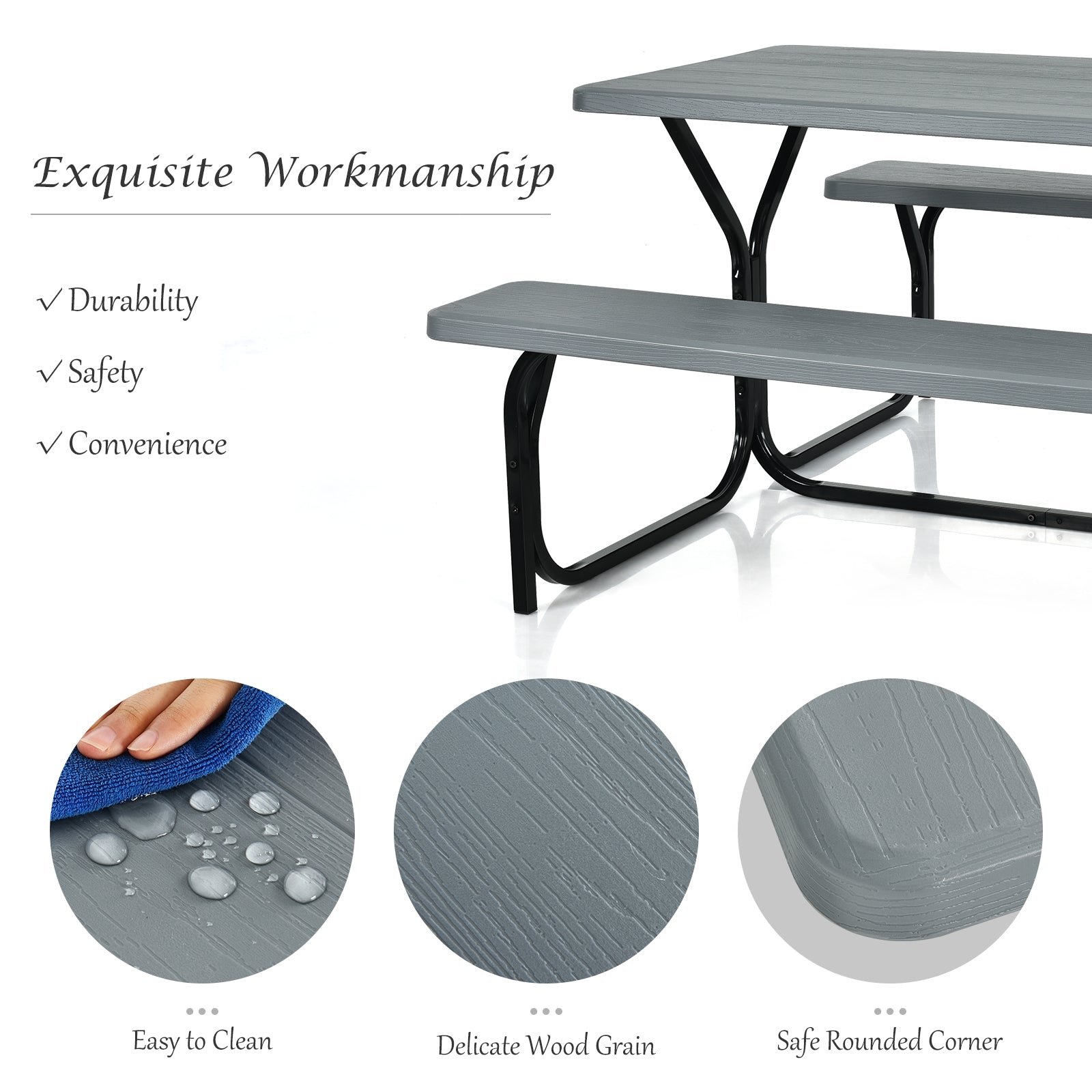 Outdoor Picnic Table Bench Set with Metal Base-Grey