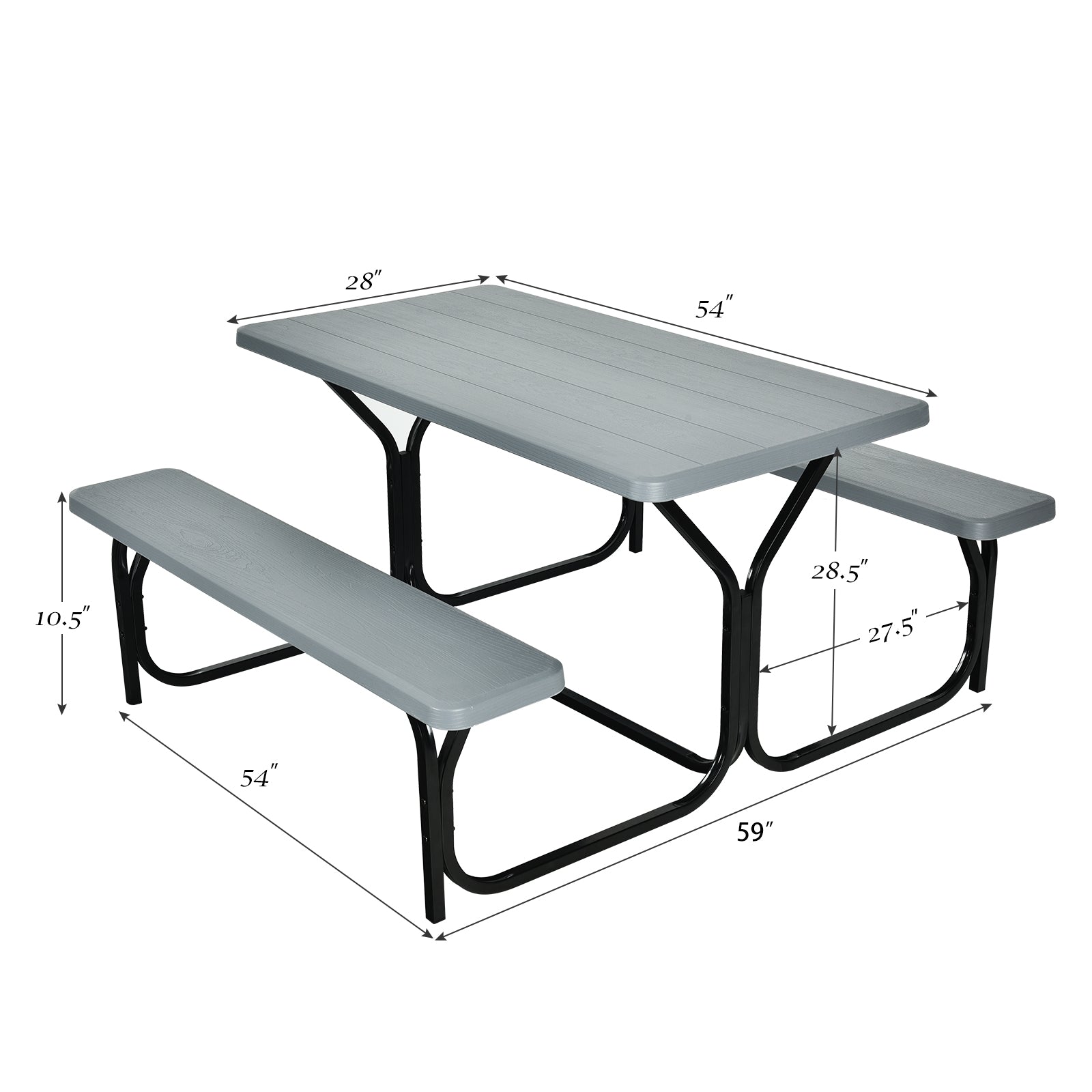 Outdoor Picnic Table Bench Set with Metal Base-Grey
