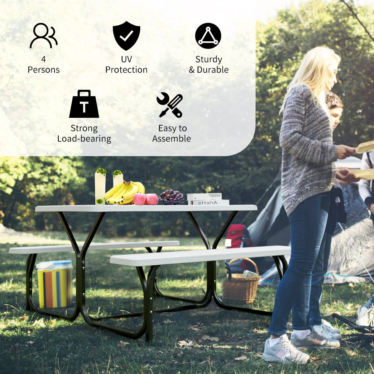 HDPE Outdoor Picnic Table Set Bench Set with Metal Base