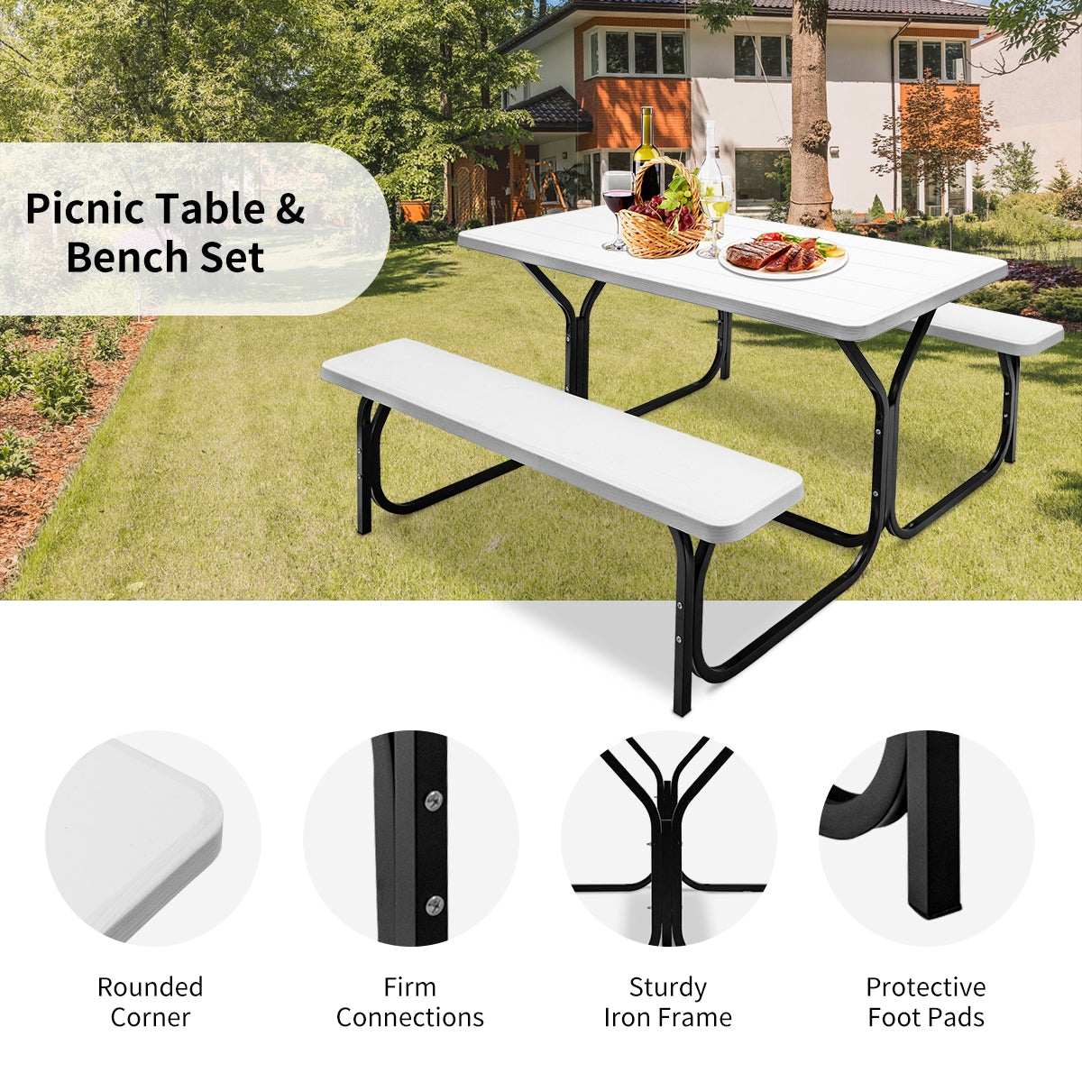 HDPE Outdoor Picnic Table Set Bench Set with Metal Base