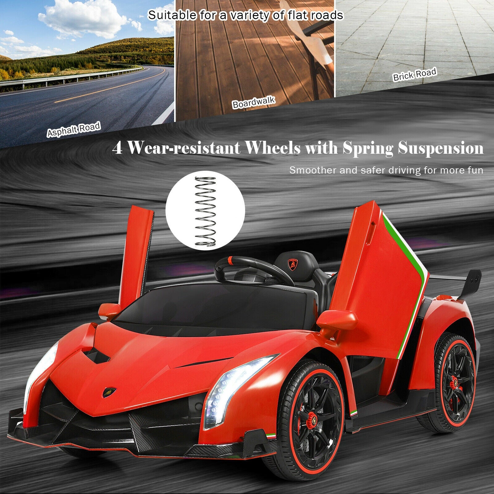 12V 2-Seater Licensed Lamborghini Kids Ride On Car with RC and Swing Function-Red