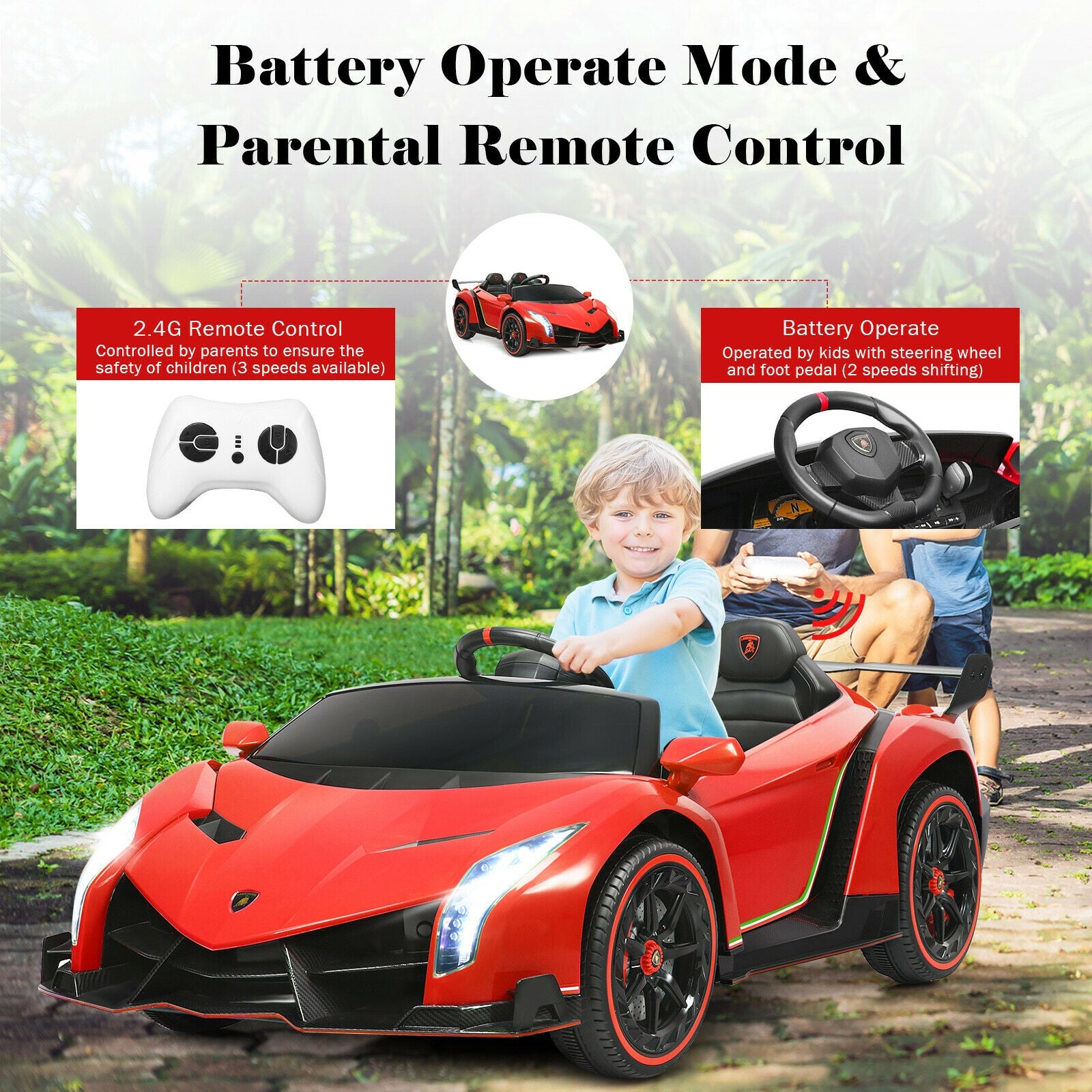 12V 2-Seater Licensed Lamborghini Kids Ride On Car with RC and Swing Function-Red