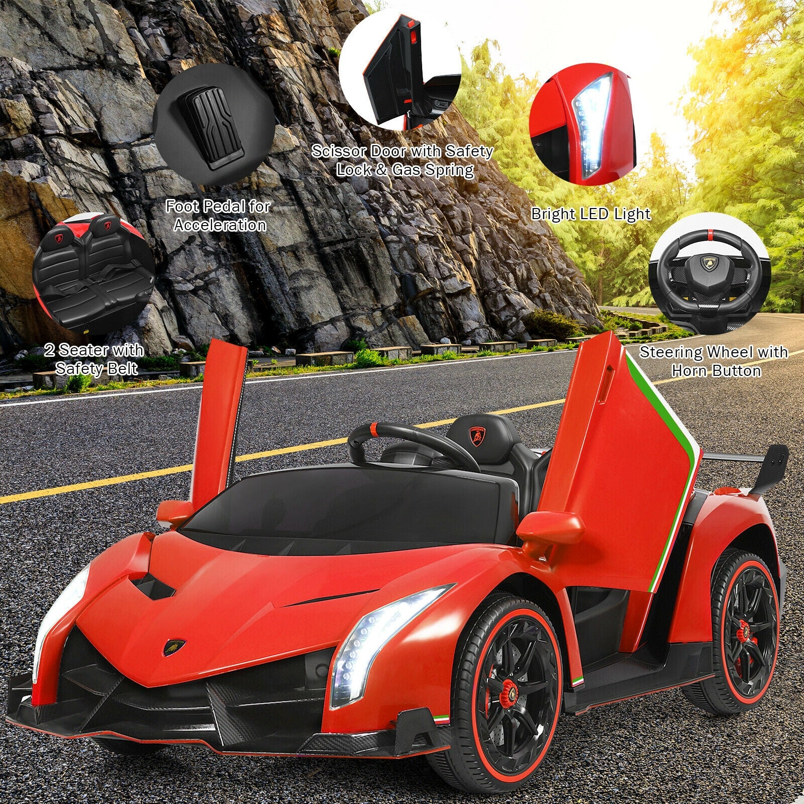 12V 2-Seater Licensed Lamborghini Kids Ride On Car with RC and Swing Function-Red